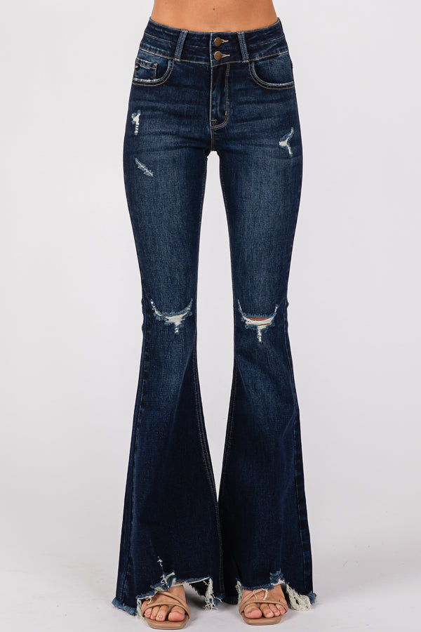 Women's Mid-Waist Ripped FlaredJeans Wide Leg Bootcut Bell Bottom Denim Pants Trouser Lady Vintage