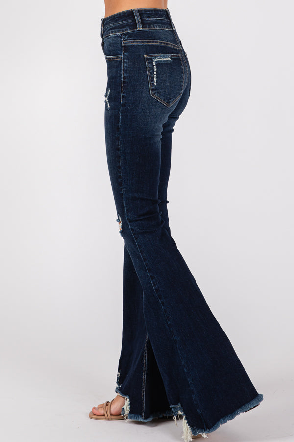 Women's Mid-Waist Ripped FlaredJeans Wide Leg Bootcut Bell Bottom Denim Pants Trouser Lady Vintage