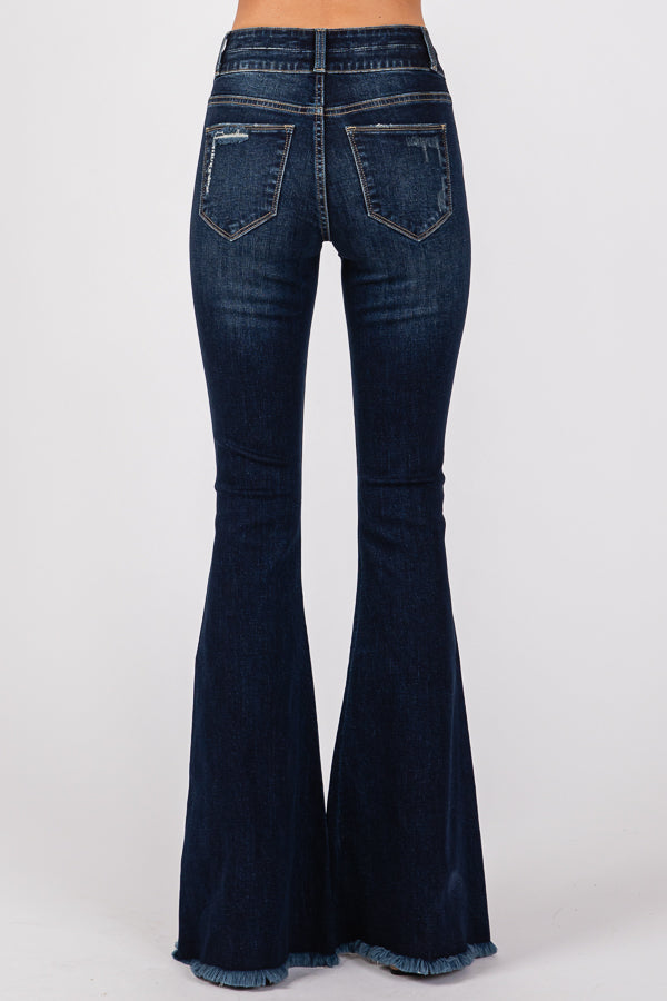 Women's Mid-Waist Ripped FlaredJeans Wide Leg Bootcut Bell Bottom Denim Pants Trouser Lady Vintage