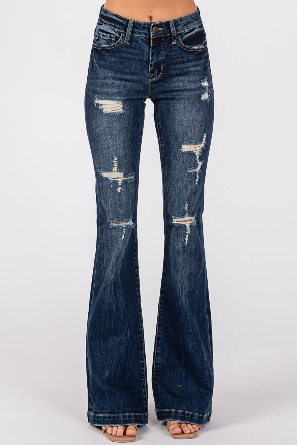 Women's Mid Rise Ripped Flared Jeans