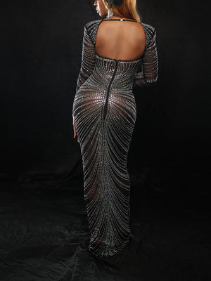 Mesh Sheer Rhinestone Long Sleeves Dress