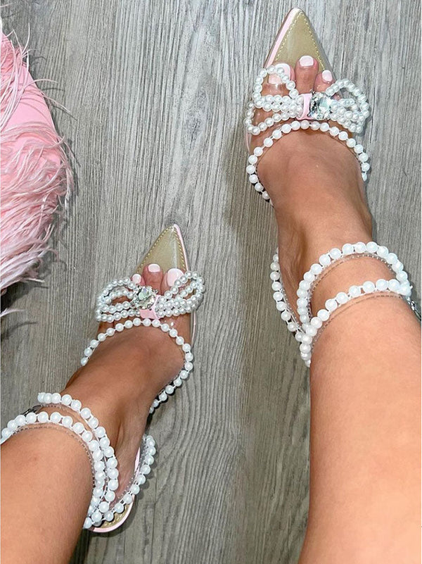 Pearl Bow Pointed Toe Heel Sandals