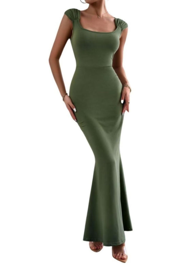 Square Neck Cap Sleeve Bodycon Maxi Dresses