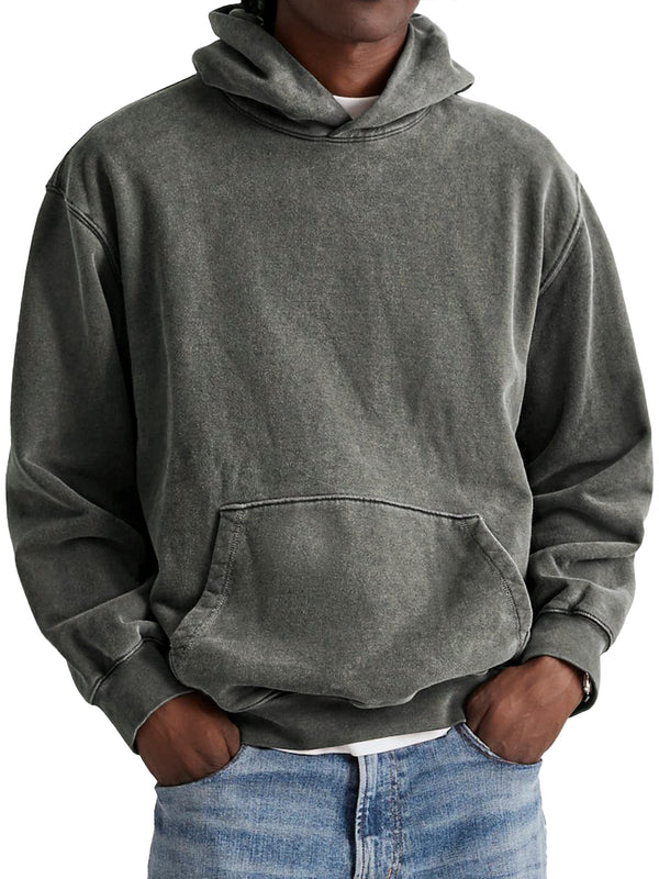 Men's Retro Cotton Hooded Distressed Washed Solid Color Sweatshirt