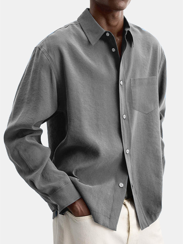 Men's Casual Basic Solid Color Lapel Pocket Long Sleeve Shirt