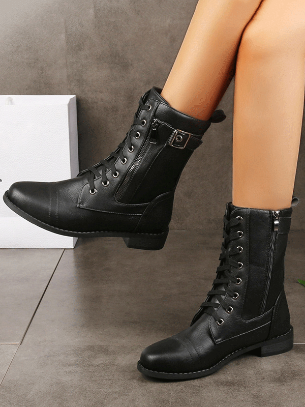 Leather Zipper Round Toe Boots