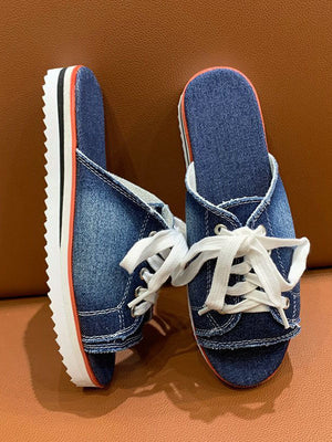 Lace Up Denim Flat Slippers