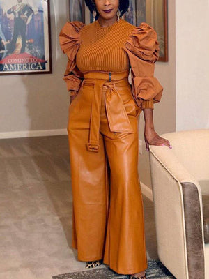 High Waist Wide Leg PU Leather Pants