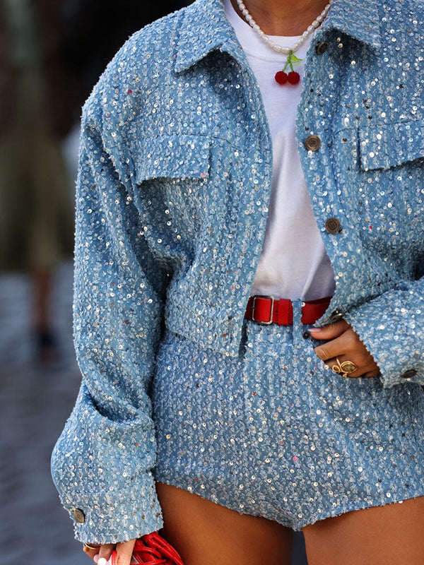 Sequin Jacket & Shorts Denim Set