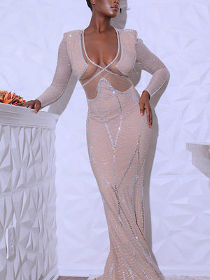 Mesh Rhinestones Sheer Maxi Dress