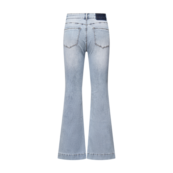 High Rise Flare Denim Jeans With Clean Hem