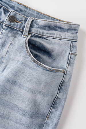 High Rise Flare Denim Jeans With Clean Hem