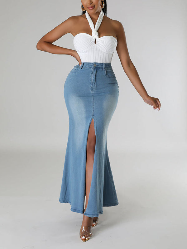 Front Slit Denim Skirt