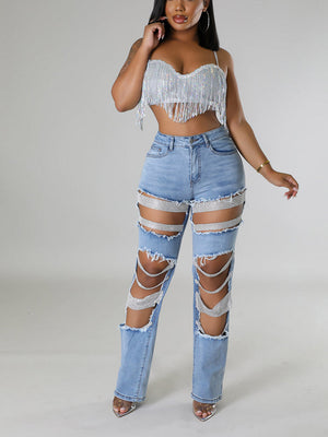 Pearl Rhinestone Denim Jeans