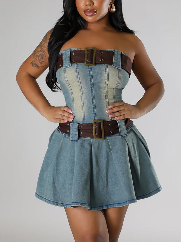 Double Belted Strapless Denim Dress