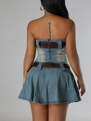 Double Belted Strapless Denim Dress