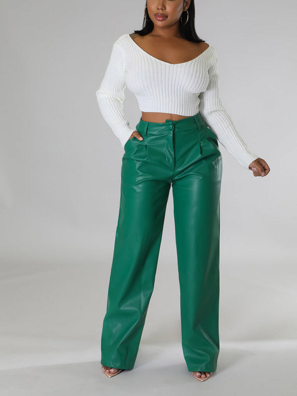 Wide-Leg PU Leather Pants