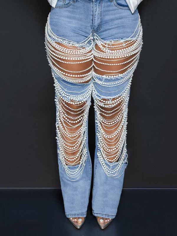 Pearl Rhinestone Denim Jeans