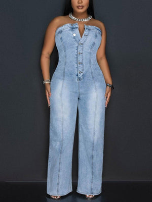 Denim Button Strapless Jumpsuit