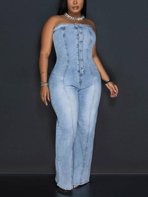 Denim Button Strapless Jumpsuit