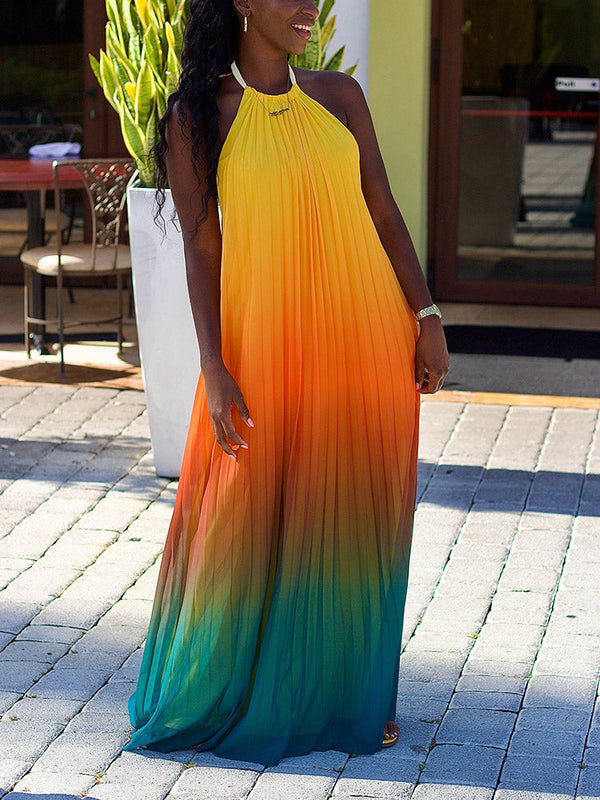 Ombre Pleated Backless Maxi Dress