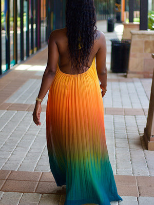 Ombre Pleated Backless Maxi Dress