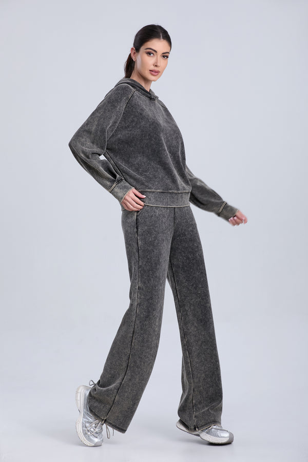 Hooded Mid-Length Sweatshirt Wide Leg Pants Set