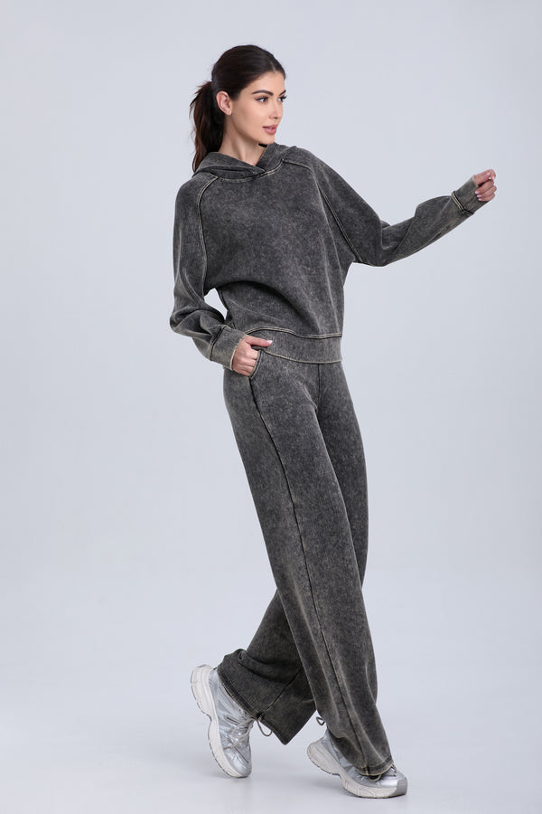 Hooded Mid-Length Sweatshirt Wide Leg Pants Set