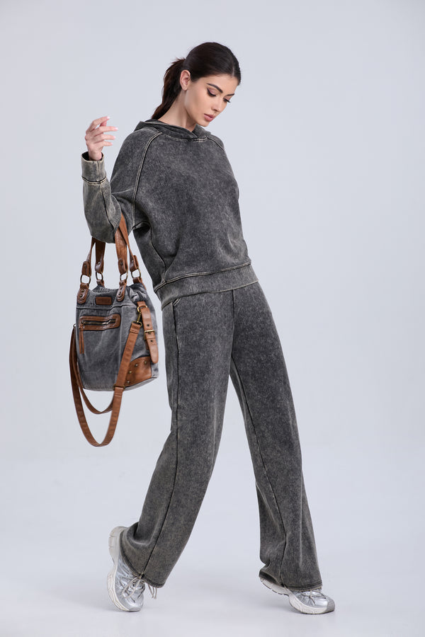 Hooded Mid-Length Sweatshirt Wide Leg Pants Set