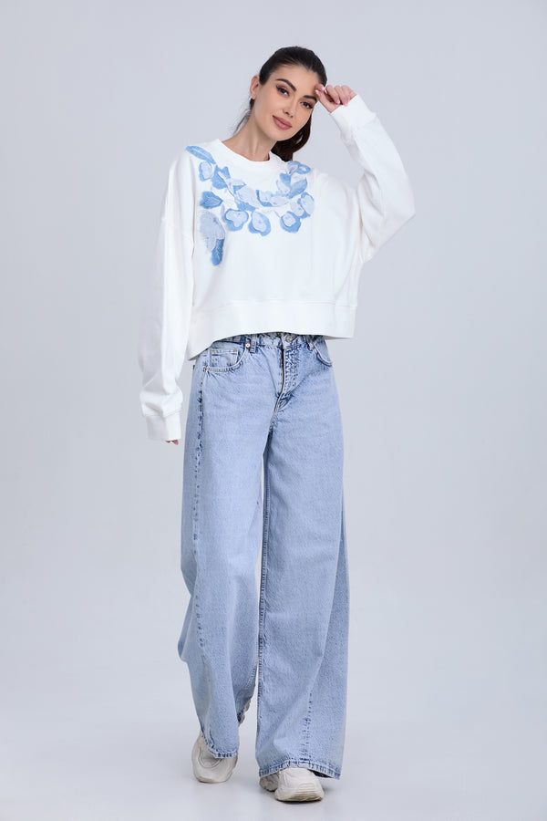 Blue Floral Embroidered Crewneck Casual Sweatshirt