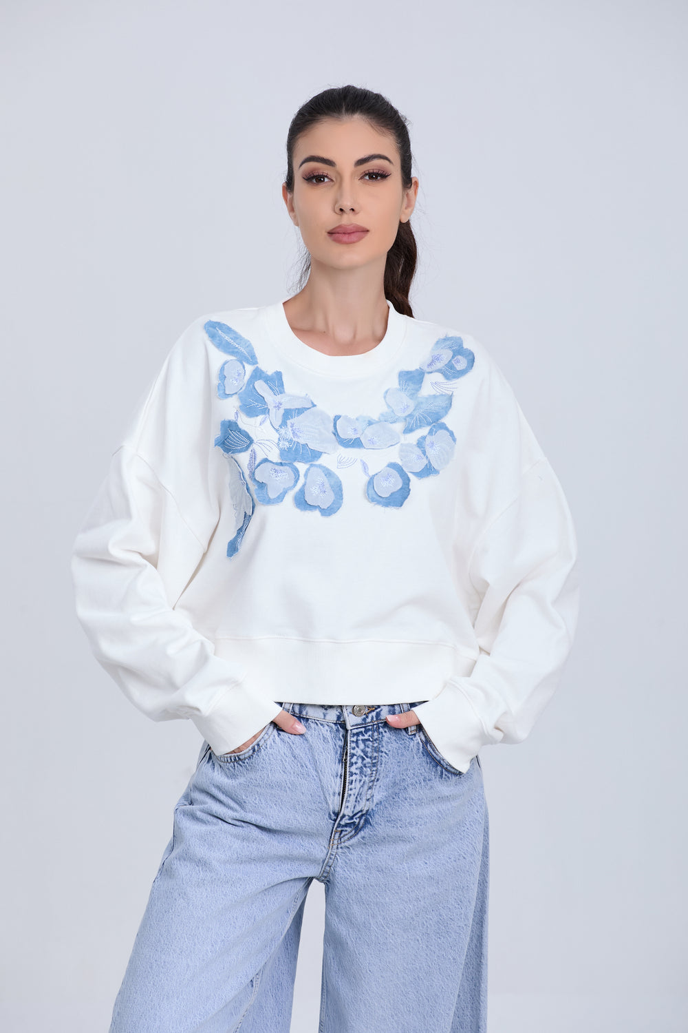 Blue Floral Embroidered Crewneck Casual Sweatshirt