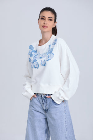 Blue Floral Embroidered Crewneck Casual Sweatshirt