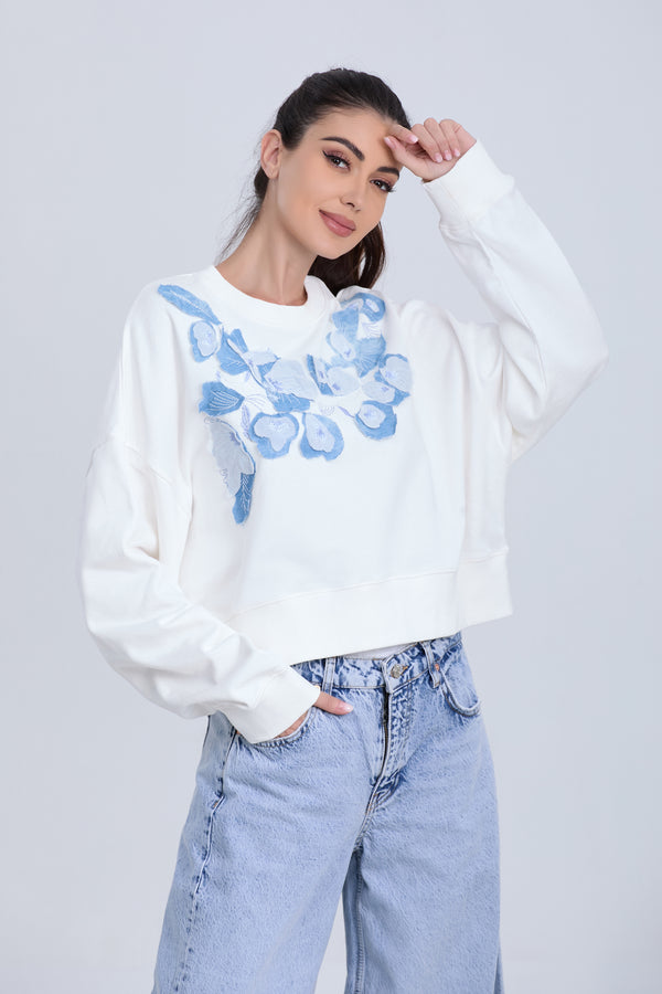 Blue Floral Embroidered Crewneck Casual Sweatshirt