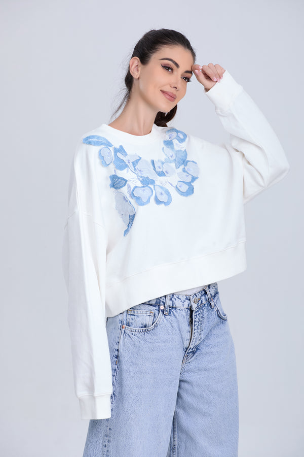 Blue Floral Embroidered Crewneck Casual Sweatshirt