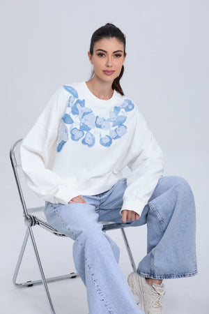 Blue Floral Embroidered Crewneck Casual Sweatshirt