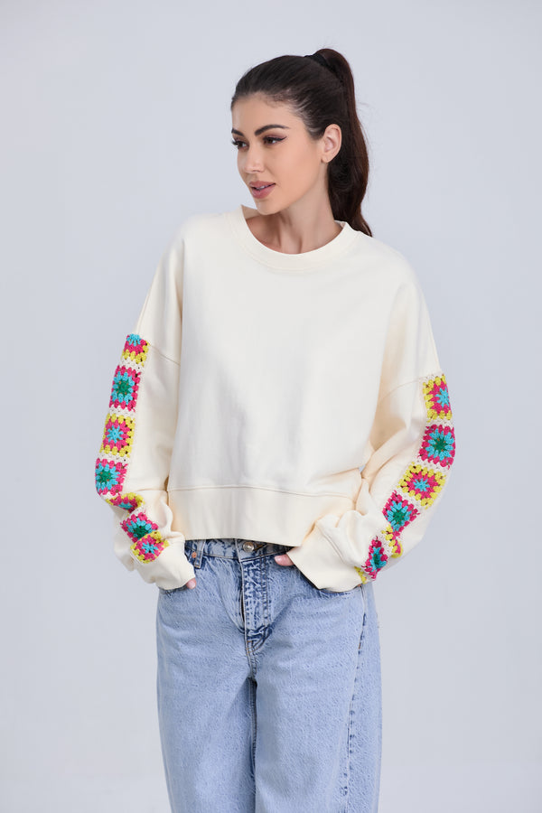 Colorful Embroidered Sleeve Crewneck Sweatshirt