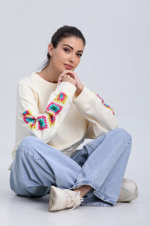 Colorful Embroidered Sleeve Crewneck Sweatshirt