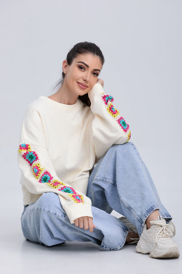 Colorful Embroidered Sleeve Crewneck Sweatshirt