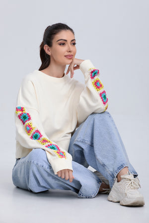 Colorful Embroidered Sleeve Crewneck Sweatshirt