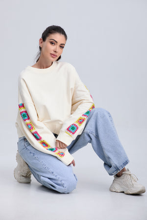 Colorful Embroidered Sleeve Crewneck Sweatshirt