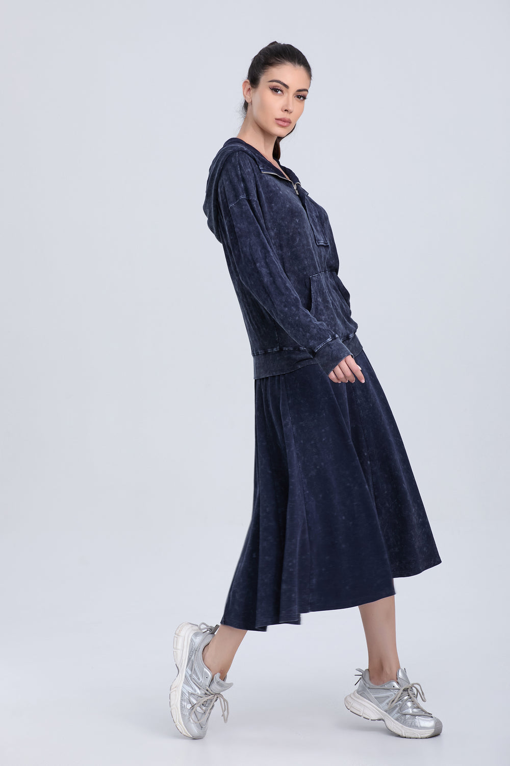 Dark One Pocket Adjustable Neckline Sweatshirt with Mid-Length Skirt