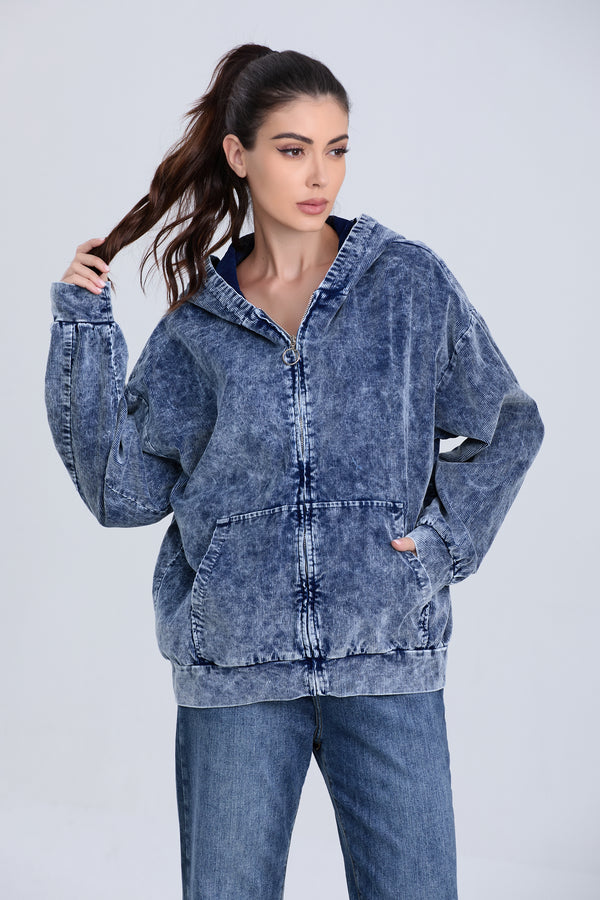 Denim Style Cardigan Hooded Sweatshirt