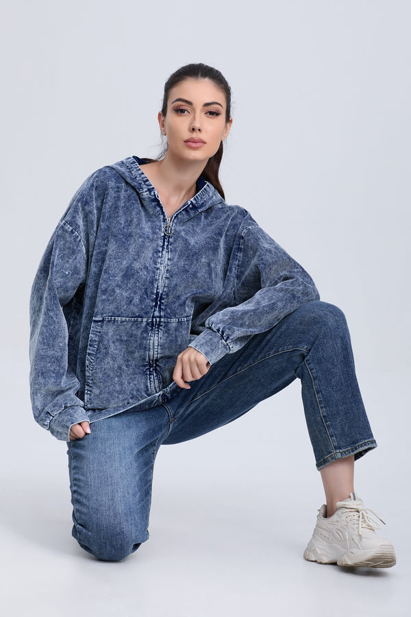 Denim Style Cardigan Hooded Sweatshirt