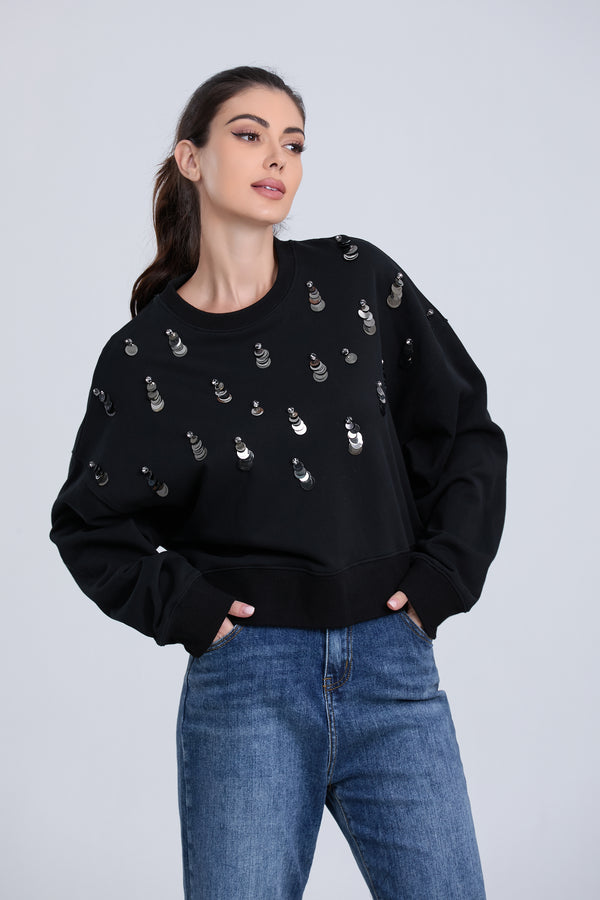 Black Sweatshirt with Glitter Trim