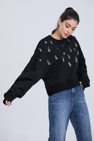 Black Sweatshirt with Glitter Trim