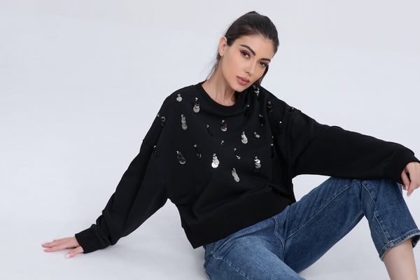 Black Sweatshirt with Glitter Trim