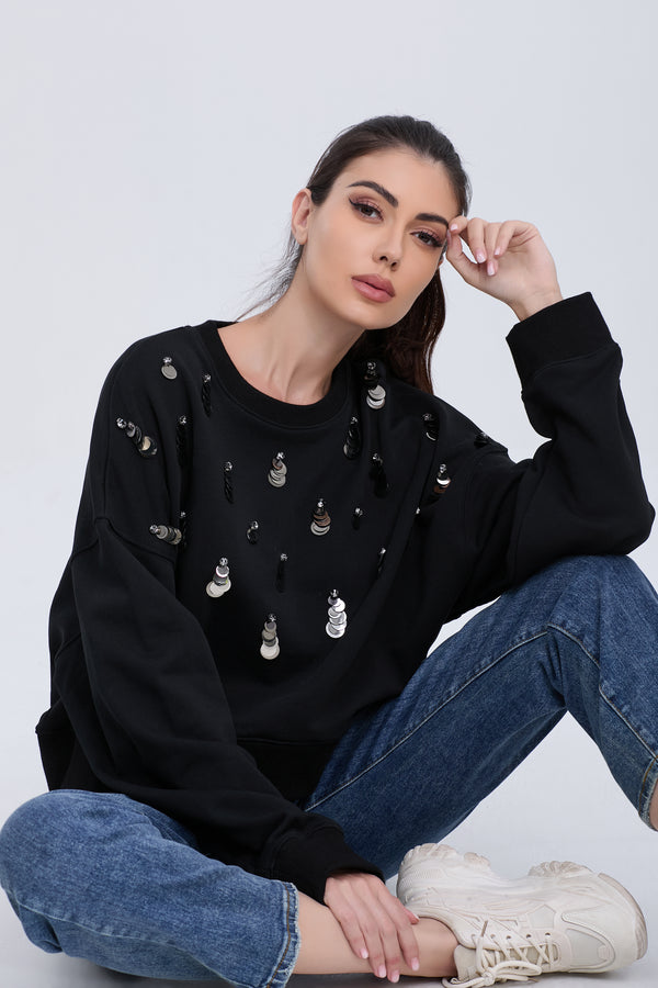 Black Sweatshirt with Glitter Trim