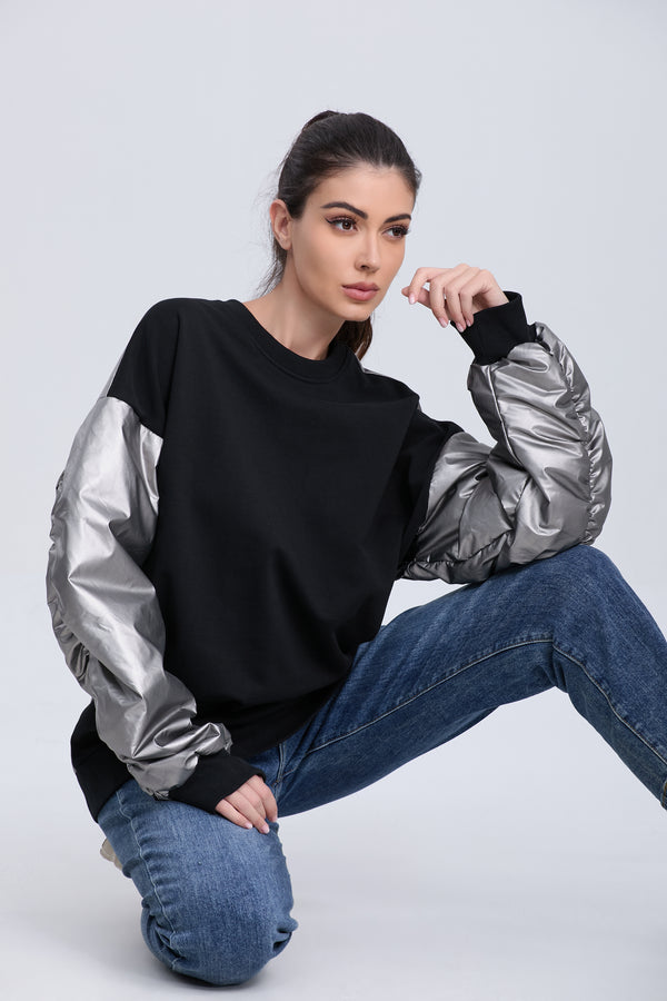 Black and Silver Thickened Pullover Sweatshirt