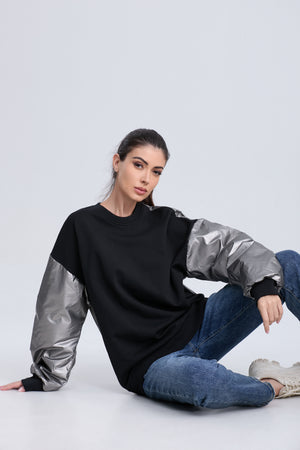 Black and Silver Thickened Pullover Sweatshirt