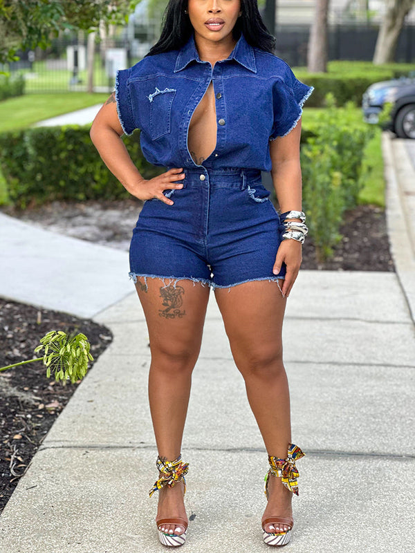 Raw Edge Denim Romper